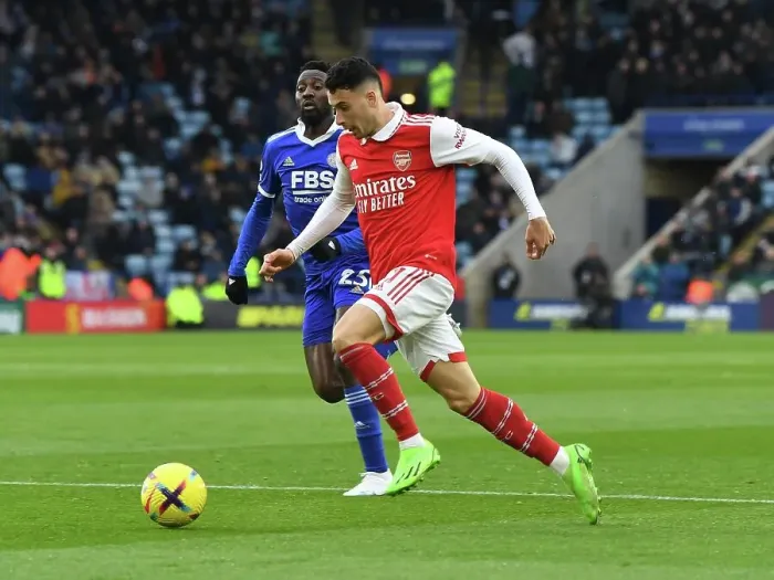 Framed Print : Gabriel Martinelli Scores the Winning Goal: Leicester City vs. Arsenal, Premier League 2022-23