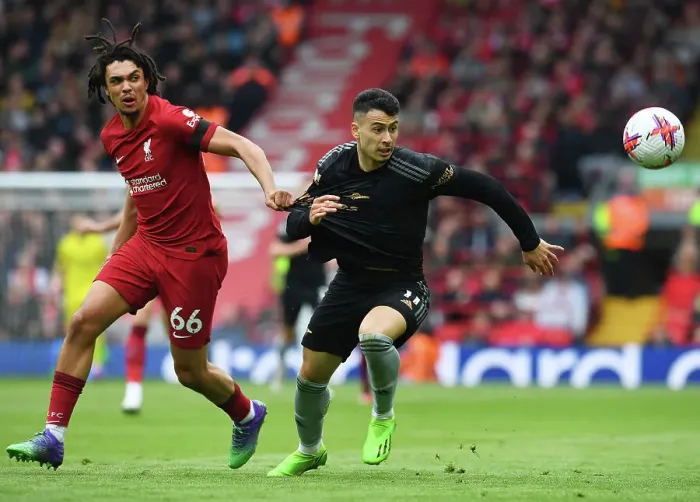 Framed Print : Gabriel Martinelli vs. Trent Alexander-Arnold: Intense Rivalry at Anfield - Premier League 2022-23
