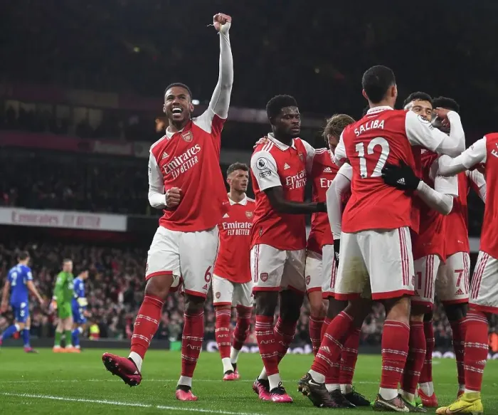 Framed Print : Gabriel Scores His Fourth Goal: Arsenal's Victory Against Everton in the Premier League at Emirates Stadium