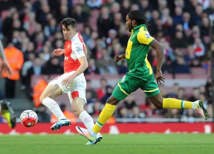 Framed Print : Gabriel Stands Firm: Arsenal's Defender Fends Off Norwich's Mbokani Framed Print : Gabriel Stands Firm: Arsenal's Defender Fends Off Norwich's Mbokani