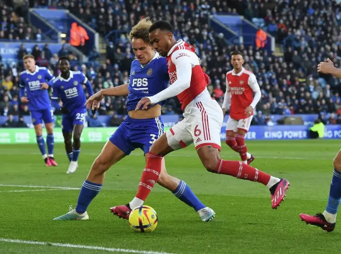Framed Print : Gabriel vs Faes: Clash of the Titans - Leicester City vs Arsenal FC, Premier League 2022-23