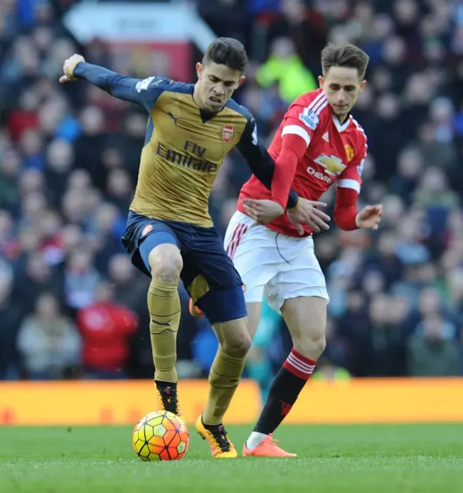 Framed Print : Gabriel vs Januzaj: A Premier League Showdown at Old Trafford, Manchester United vs Arsenal, 2015 / 16