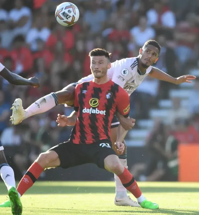 Framed Print : Gabriel vs. Kieffer Moore: Intense Clash Between AFC Bournemouth and Arsenal FC in Premier League Framed Print : Gabriel vs. Kieffer Moore: Intense Clash Between AFC Bournemouth and Arsenal FC in Premier League