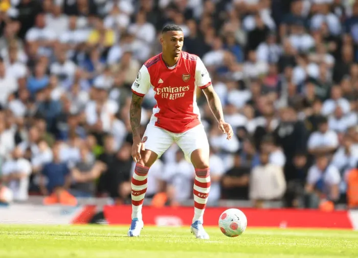 Framed Print : Gabriel's Battle: Arsenal Star Faces Off Against Leeds United in Premier League Showdown (2021-22)