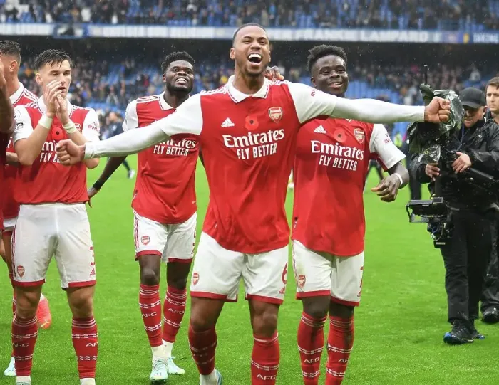 Framed Print : Gabriel's Celebration: Arsenal's Triumph Over Chelsea in the 2022-23 Premier League