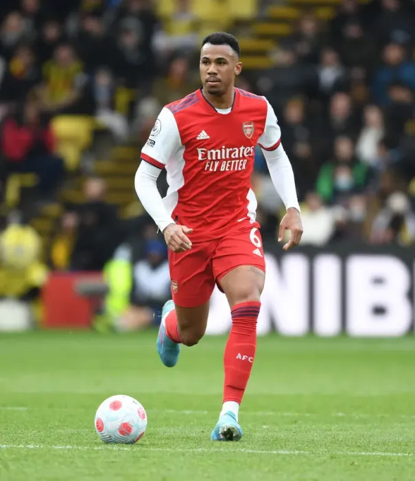 Framed Print : Gabriel's Defiant Performance: Arsenal's Unyielding Defender Stands Firm Against Watford, Premier League 2021-22