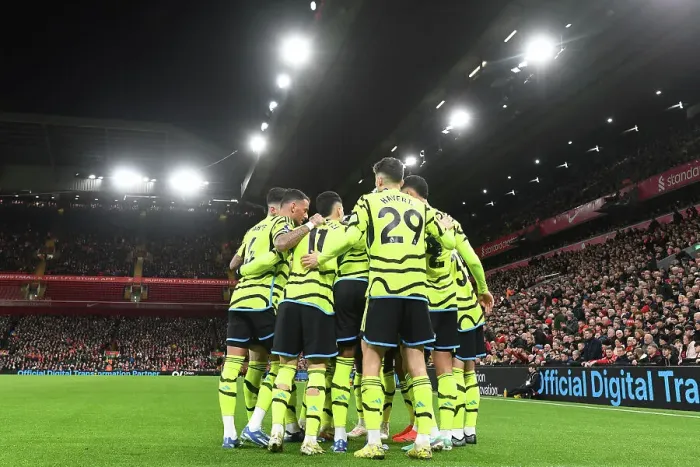Framed Print : Gabriel's Goal: Arsenal Celebrate First at Anfield in 2023-24 Premier League Clash