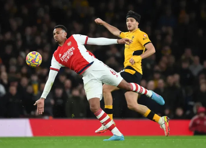 Framed Print : Gabriel's Sneaky Move: Arsenal's Defender Outwits Raul Jimenez in Premier League Clash Framed Print : Gabriel's Sneaky Move: Arsenal's Defender Outwits Raul Jimenez in Premier League Clash