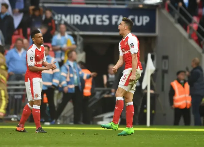 Framed Print : Gabriel's Triumph: Arsenal Defender Celebrates FA Cup Semi-Final Victory Over Manchester City Framed Print : Gabriel's Triumph: Arsenal Defender Celebrates FA Cup Semi-Final Victory Over Manchester City