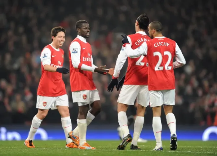 Framed Print : Gael Clichy celebrates scoring the 5th Arsenal goal with Marouane Chamakh Framed Print : Gael Clichy celebrates scoring the 5th Arsenal goal with Marouane Chamakh