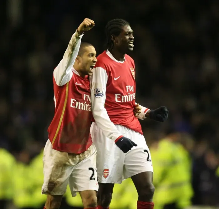Framed Print : Gael Clichy and Emmanuel Adebayor (Arsenal) celebrate at the end of the match