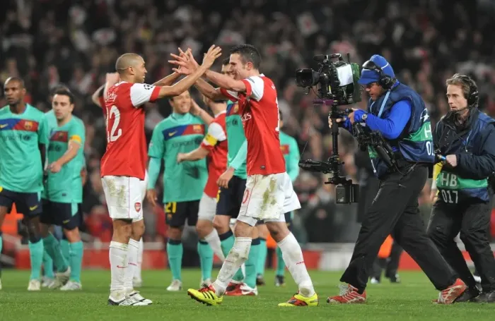 Framed Print : Gael Clichy and Robin van Persie (Arsenal) celebrate at the end of the match Framed Print : Gael Clichy and Robin van Persie (Arsenal) celebrate at the end of the match