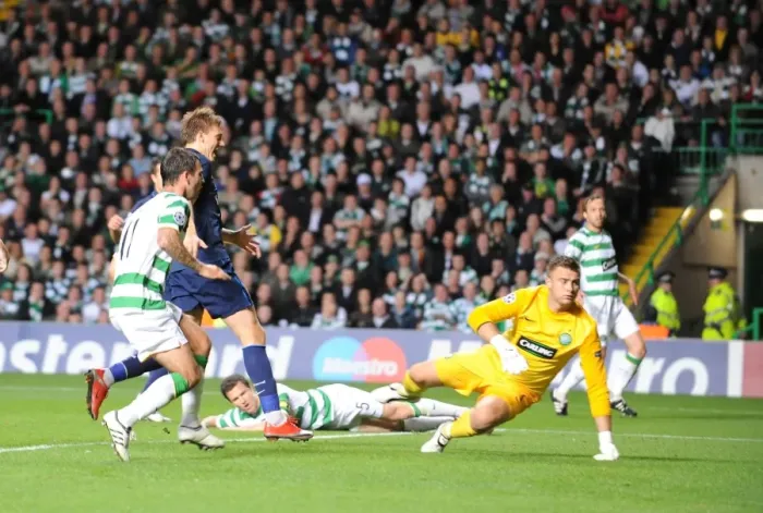 Framed Print : Gary Cladwell puts the ball past Celtic goalkeeper Framed Print : Gary Cladwell puts the ball past Celtic goalkeeper