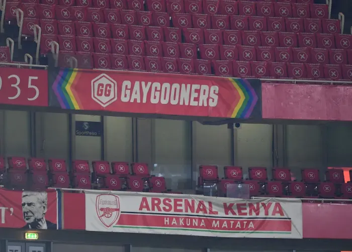 Framed Print : Gay Gooners Banner at Arsenal vs. Burnley: Premier League Match, London, 2020 Framed Print : Gay Gooners Banner at Arsenal vs. Burnley: Premier League Match, London, 2020