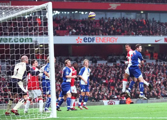 Framed Print : Gilberto scores Arsenals 1st goal under pressure from Brett Emerton (Blackburn) Framed Print : Gilberto scores Arsenals 1st goal under pressure from Brett Emerton (Blackburn)