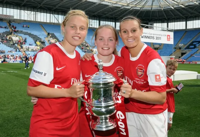 Framed Print : Gilly Flaherty, Kim Little and Julie Fleeting (Arsenal) with the FA Cup Trophy