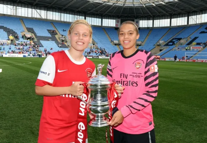Framed Print : Gilly Flaherty and Rebecca Spencer (Arsenal) with the FA Cup Trophy. Arsenal Ladies 2