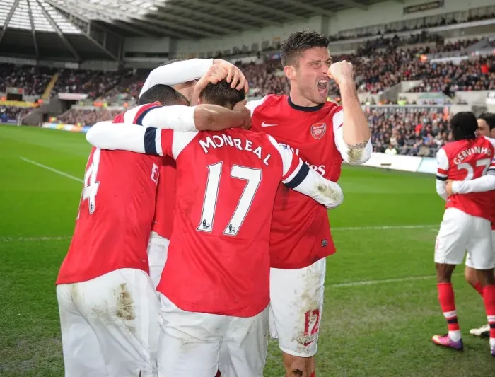 Framed Print : Giroud and Monreal Celebrate Arsenal's Goal Against Swansea City (2013) Framed Print : Giroud and Monreal Celebrate Arsenal's Goal Against Swansea City (2013)