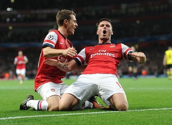 Giroud and Ramsey Celebrate Arsenal's Goal Against Borussia Dortmund in the 2013-14 UEFA Champions League