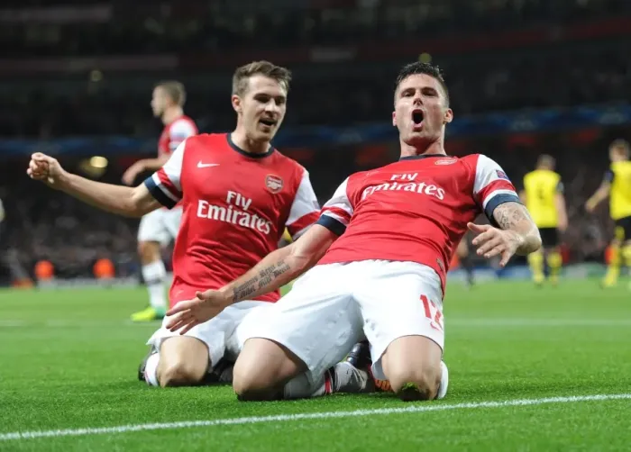 Framed Print : Giroud and Ramsey Celebrate Goal: Arsenal vs Borussia Dortmund, Champions League 2013 Framed Print : Giroud and Ramsey Celebrate Goal: Arsenal vs Borussia Dortmund, Champions League 2013