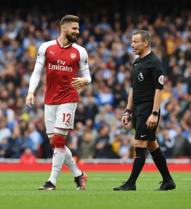 Framed Print : Giroud and Referee Friend: A Moment from the Arsenal vs. Brighton Match, 2017-18 Premier League