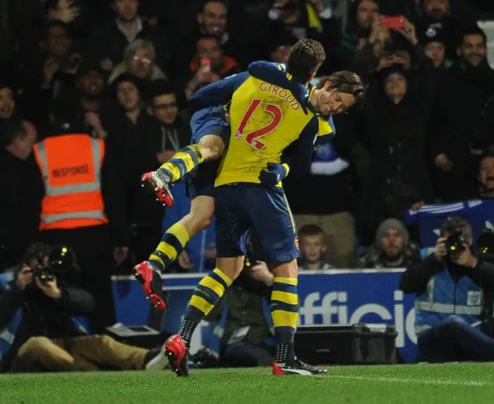 Framed Print : Giroud and Rosicky: Celebrating Arsenal's First Goal Against Queens Park Rangers (2015)