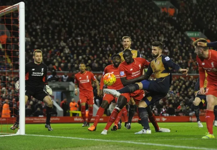 Framed Print : Giroud Scores Arsenal's Second: Liverpool vs. Arsenal, Premier League 2015-16 - The Moment of Victory Framed Print : Giroud Scores Arsenal's Second: Liverpool vs. Arsenal, Premier League 2015-16 - The Moment of Victory