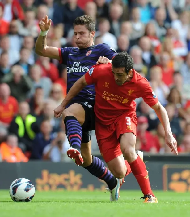 Framed Print : Giroud vs Enrique: Intense Battle at Anfield (Liverpool v Arsenal, 2012-13) Framed Print : Giroud vs Enrique: Intense Battle at Anfield (Liverpool v Arsenal, 2012-13)