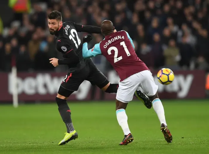 Framed Print : Giroud vs Ogbonna: A Football Showdown at London Stadium - West Ham United vs Arsenal, Premier League 2017-18