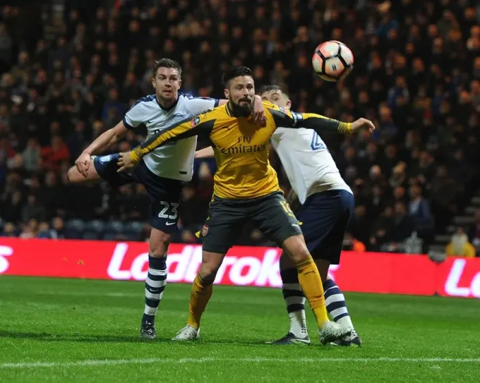 Framed Print : Giroud vs Preston's Defense: A FA Cup Battle at Deepdale Framed Print : Giroud vs Preston's Defense: A FA Cup Battle at Deepdale