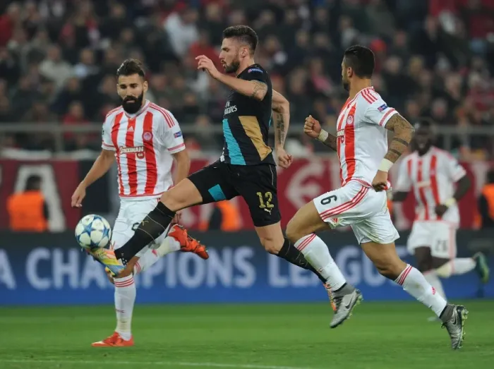 Framed Print : Giroud vs Siovas and da Costa: A Fierce Face-Off in Olympiacos vs Arsenal UEFA Champions League Match Framed Print : Giroud vs Siovas and da Costa: A Fierce Face-Off in Olympiacos vs Arsenal UEFA Champions League Match
