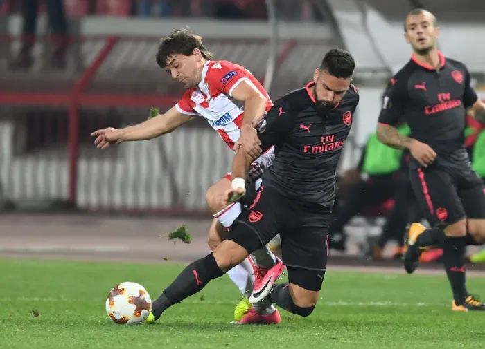 Framed Print : Giroud vs. Stojkovic: A Battle in the Europa League between Arsenal's Olivier Giroud and Red Star's Filip Stojkovic Framed Print : Giroud vs. Stojkovic: A Battle in the Europa League between Arsenal's Olivier Giroud and Red Star's Filip Stojkovic