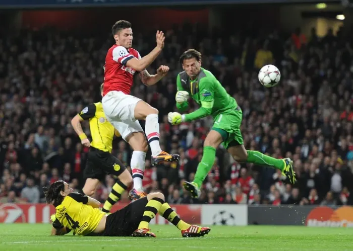 Framed Print : Giroud vs. Weidenfeller: A Champion's League Showdown - Arsenal's Thrilling Battle with Borussia Dortmund Framed Print : Giroud vs. Weidenfeller: A Champion's League Showdown - Arsenal's Thrilling Battle with Borussia Dortmund