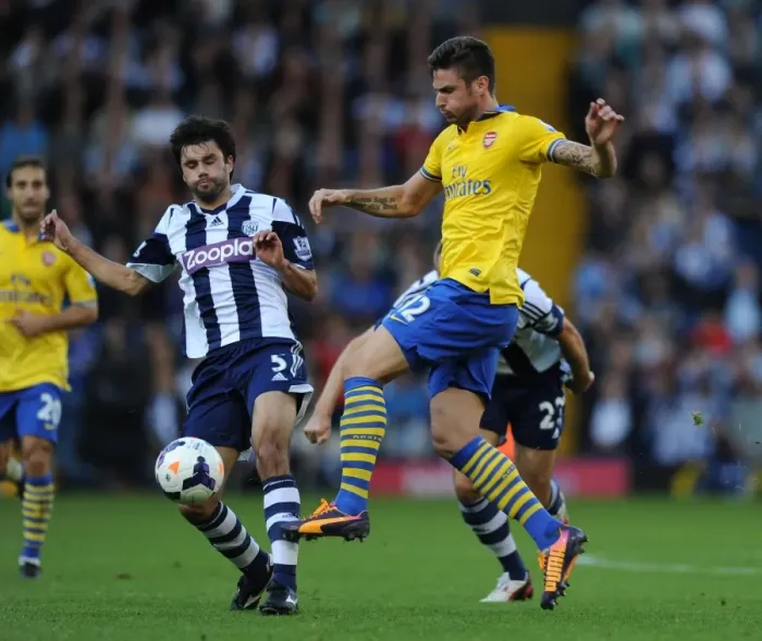 Framed Print : Giroud vs Yacob: A Battle in the Premier League - West Bromwich Albion vs Arsenal (2013-14)