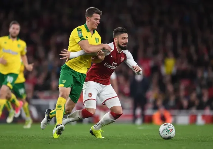 Framed Print : Giroud vs. Zimmermann: A Battle in the Carabao Cup Clash between Arsenal and Norwich