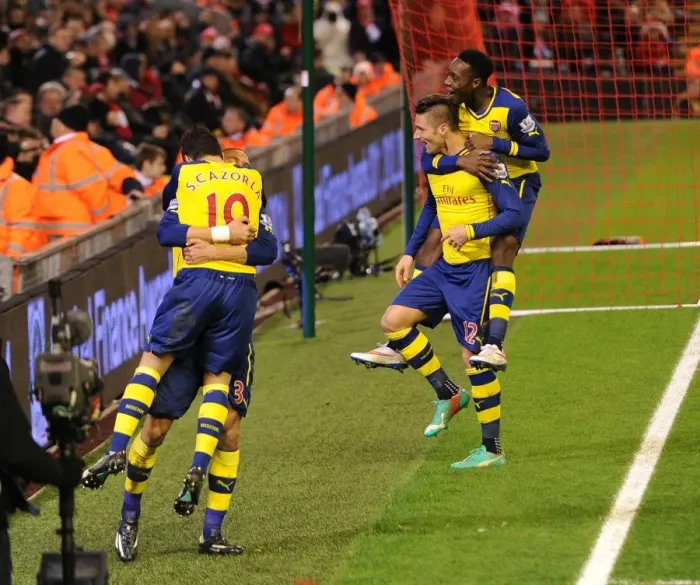 Framed Print : Giroud and Welbeck Celebrate Arsenal's Winning Goals Against Liverpool (2014 / 15)