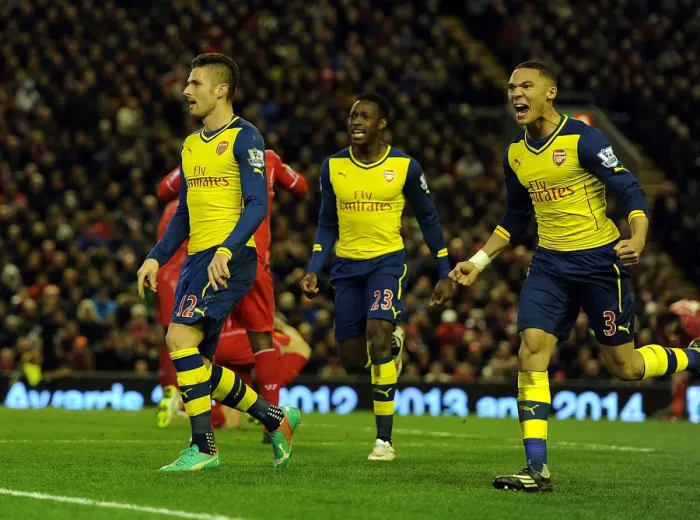 Framed Print : Giroud, Welbeck, and Gibbs Celebrate Arsenal's Goals Against Liverpool (2014 / 15) Framed Print : Giroud, Welbeck, and Gibbs Celebrate Arsenal's Goals Against Liverpool (2014 / 15)