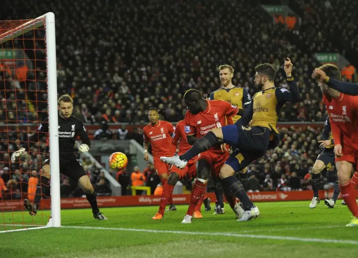 Framed Print : Giroud's Brace: Liverpool vs. Arsenal, Premier League 2015-16 - A Riveting Moment Framed Print : Giroud's Brace: Liverpool vs. Arsenal, Premier League 2015-16 - A Riveting Moment