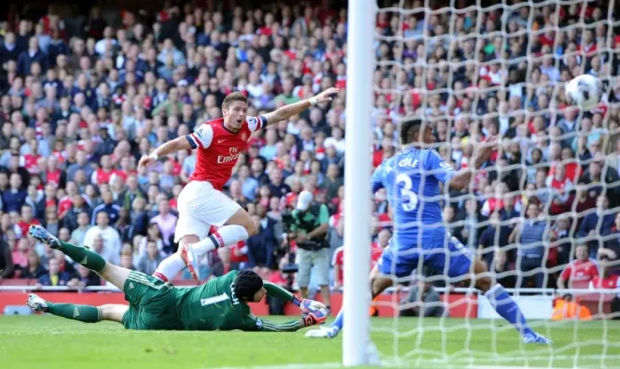 Framed Print : Giroud's Close Call: Arsenal vs. Chelsea, 2012-13 - Petr Cech and Ashley Cole Thwart the Striker's Goal Attempt