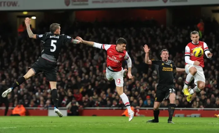 Framed Print : Giroud's Goal: Arsenal vs. Liverpool, 2012-13 - Agger and Carragher Thwarted Framed Print : Giroud's Goal: Arsenal vs. Liverpool, 2012-13 - Agger and Carragher Thwarted