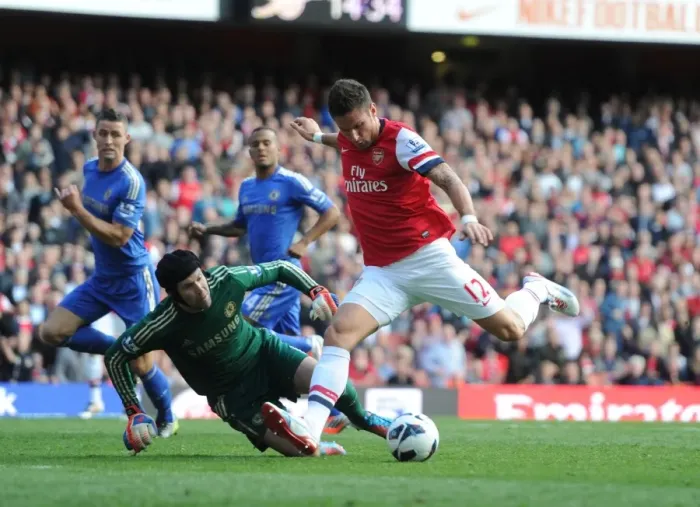 Framed Print : Giroud's Heart-Breaking Near-Miss: Arsenal's Star Forward Scores Past Cech, Hits Side Netting Against Chelsea Framed Print : Giroud's Heart-Breaking Near-Miss: Arsenal's Star Forward Scores Past Cech, Hits Side Netting Against Chelsea