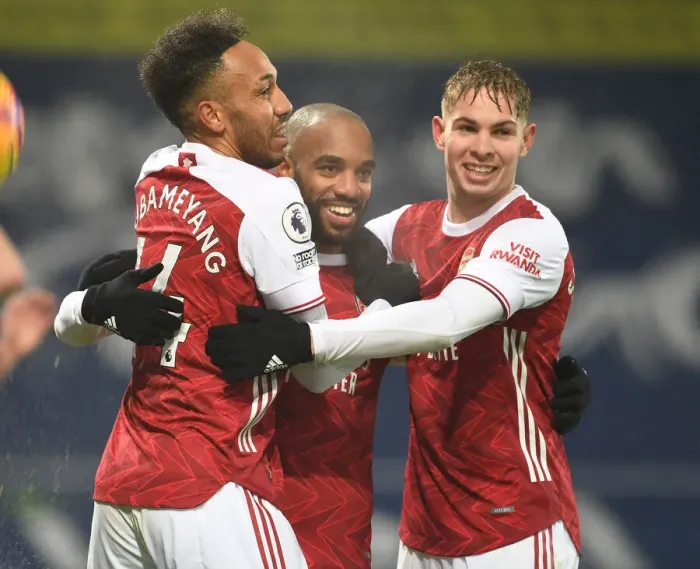 Framed Print : Four Glorious Goals: Lacazette, Aubameyang, and Smith Rowe's Triumphant Celebration Against West Bromwich Albion (January 2, 2021) Framed Print : Four Glorious Goals: Lacazette, Aubameyang, and Smith Rowe's Triumphant Celebration Against West Bromwich Albion (January 2, 2021)