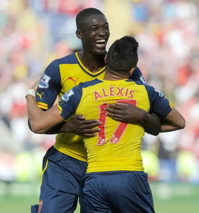 Framed Print : Glory Days: Sanchez and Sanogo's Unforgettable Goal Celebration vs. Leicester City (2014-15)