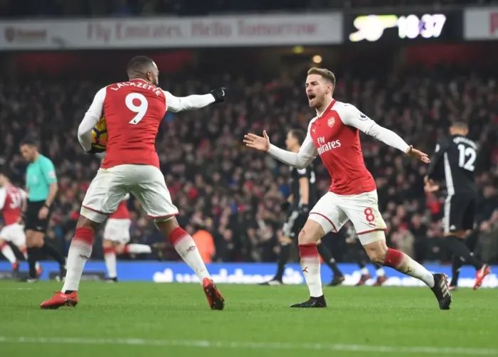 Framed Print : Glory Moment: Lacazette and Ramsey Celebrate Arsenal's Win Against Manchester United Framed Print : Glory Moment: Lacazette and Ramsey Celebrate Arsenal's Win Against Manchester United