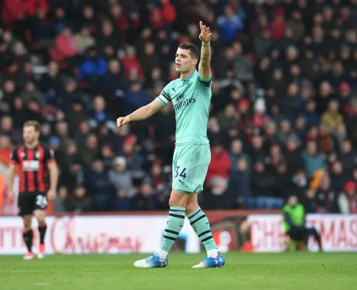 Framed Print : Granit Xhaka in Action: AFC Bournemouth vs. Arsenal FC, Premier League 2018-19