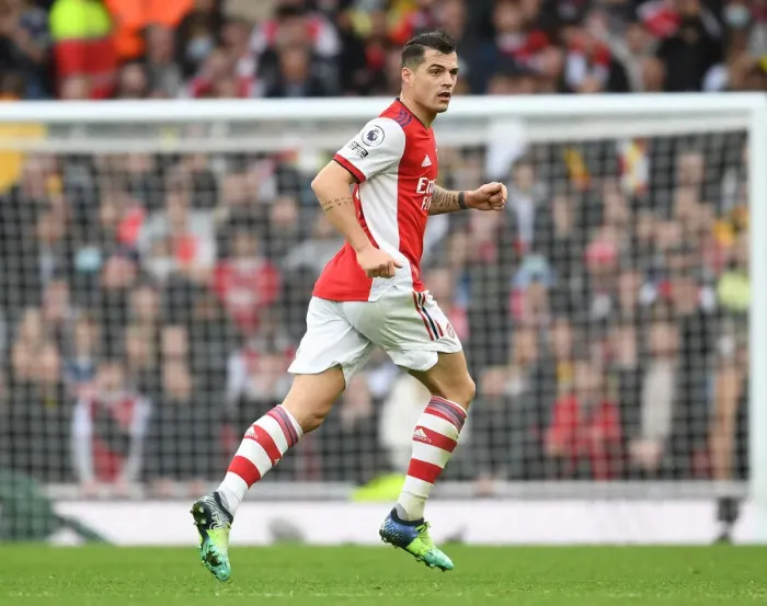 Framed Print : Granit Xhaka: In Action for Arsenal Against Manchester City, Premier League 2021-22