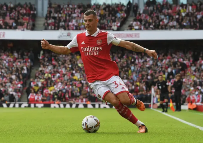 Framed Print : Granit Xhaka: In Action for Arsenal Against Tottenham, Premier League 2022-23 Framed Print : Granit Xhaka: In Action for Arsenal Against Tottenham, Premier League 2022-23