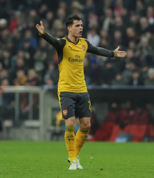 Framed Print : Granit Xhaka in Action: Arsenal vs. Bayern Munich, UEFA Champions League 2016-17 - First Leg