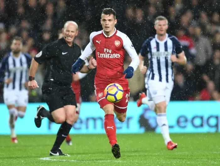 Framed Print : Granit Xhaka: In Action for Arsenal vs. West Bromwich Albion, Premier League 2017-18