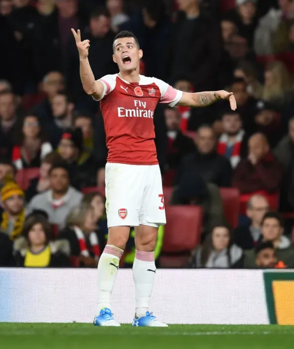 Framed Print : Granit Xhaka in Action: Arsenal vs. Wolverhampton Wanderers, Premier League 2018-19